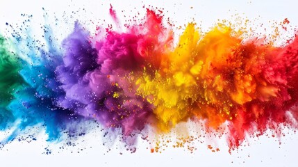 Fototapeta premium An explosion of bright, rainbow-colored paint powder on a white background. The colors are bold and vibrant, blending seamlessly into each other as they spread outwards.