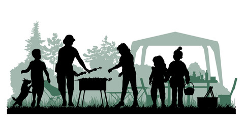 Family silhouettes. Father, mother and children had a picnic in nature. Vector illustration	
