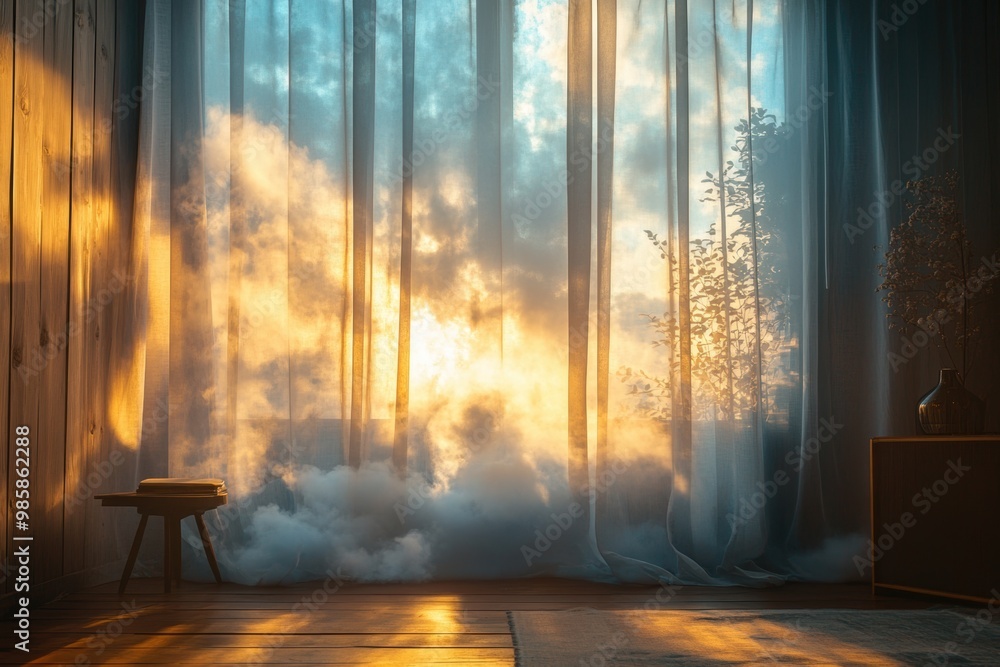 Poster the delicate cloud wisps blend with soft light, creating a dreamy aura in the minimalist interior, a