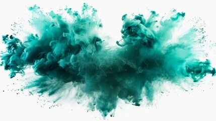 A vibrant explosion of deep green and turquoise paint powder on a white background.