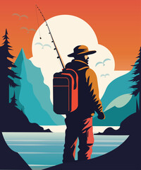 Man fishing by the sea and lake with retro cartoon style