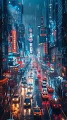 Surreal futuristic cityscape with towering glass skyscrapers flying cars and glowing neon lights under a dark starry sky