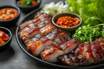 Samgyeopsal Platter with Spicy Sauces and Lettuce Wraps