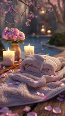 Spa Towels with Candlelight and Pink Floral Arrangement