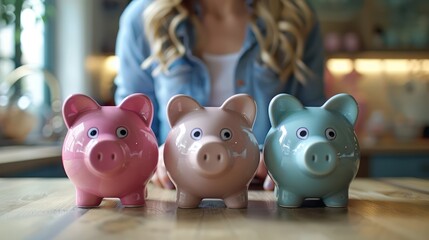 Obraz premium A young woman and her piggy bank, she is determined to save money for the future and investment. concept of saving money.