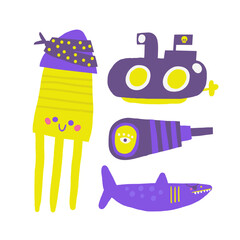 Cute pirate theme composition, postcard with funny hand drawn doodle squid, shark, spyglass, submarine, animals. Marine, nautical Caribbean bandit print, cover