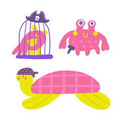 Cute pirate theme composition, postcard with funny hand drawn doodle turtle, crab, pirate hat, parrot, cage, bandana, fake leg. Marine, nautical Caribbean bandit print, cover