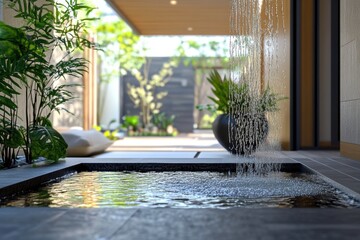 tranquil water element and natural materials in the entryway for a feng shui inspired interior design theme