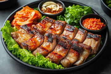 Grilled Samgyeopsal Pork Belly with Kimchi and Lettuce Wraps