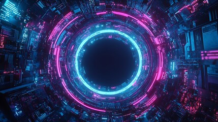 Obraz premium Futuristic neon glowing ring with blue and pink light inside a dark abstract circle.