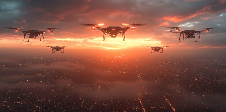 Four drones flying in formation over a city at sunset.