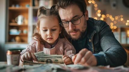 Fototapeta premium A father teaches his little daughter to put coins into a piggy bank to save money for the future, the concept of saving money.