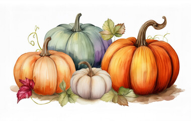 Vibrant watercolor pumpkins, autumn season. Autumnal vegetables on white. Thanksgiving holiday