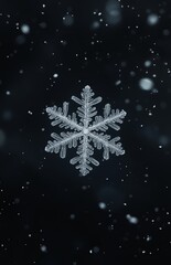 Fototapeta premium A unique snowflake is prominently displayed, while delicate snowflakes gently fall in the surrounding dark atmosphere
