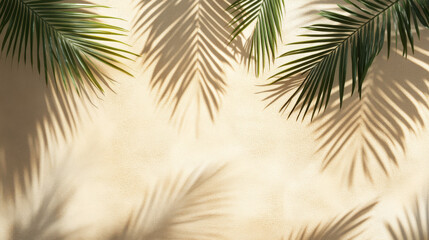summer background of beach sand with shadows from palm leaves, top view