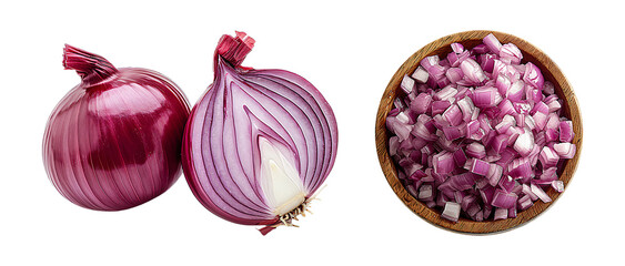 Red onions whole halved and diced in a wooden bowl on a transparent background