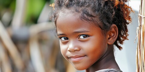 A poignant image of a poor young African girl from Madagascar, emphasizing themes of poverty and childhood challenges.