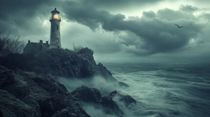 A creepy, deserted lighthouse perched on a rocky cliff, overlooking a stormy sea