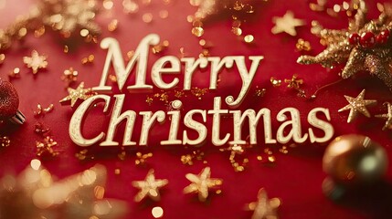Fototapeta premium A cozy Merry Christmas message displayed in white letters on a red backdrop, surrounded by snowflakes and golden stars.