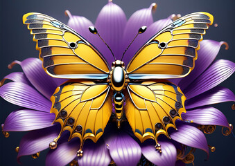 Yellow Futuristic Butterfly on Purple Flower