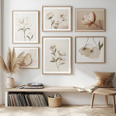 Minimalist gallery wall, 6 frames of various sizes, seen from slight side-angle, floral illustrations, pale background, natural wood borders, white room, vinyl record nook