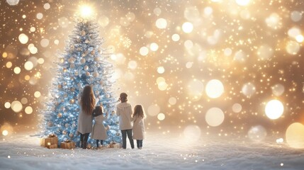 A family gathered near a blue and silver Christmas tree with glowing lights, on a soft beige background with golden sparkles.