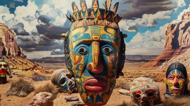 Colorful Native American Masks Against Desert Backdrop