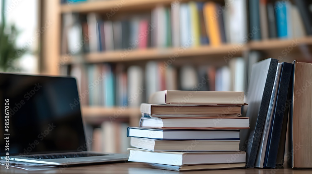 Poster stack of books and laptop on a wooden desk in a library setting