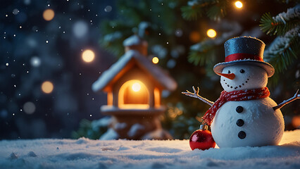 Obraz premium Christmas Day Christmas tree decorations gifts star ball color snowman background close up in a snow