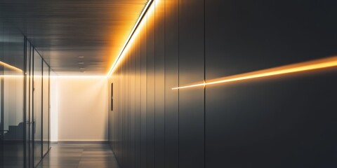 Obraz premium A well-lit hallway features smooth walls and modern design elements, showcasing warm lights along the ceiling