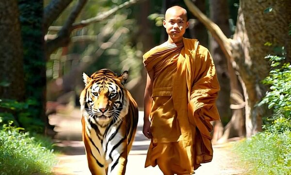 A Buddhist monk walking with a tiger in the jungle