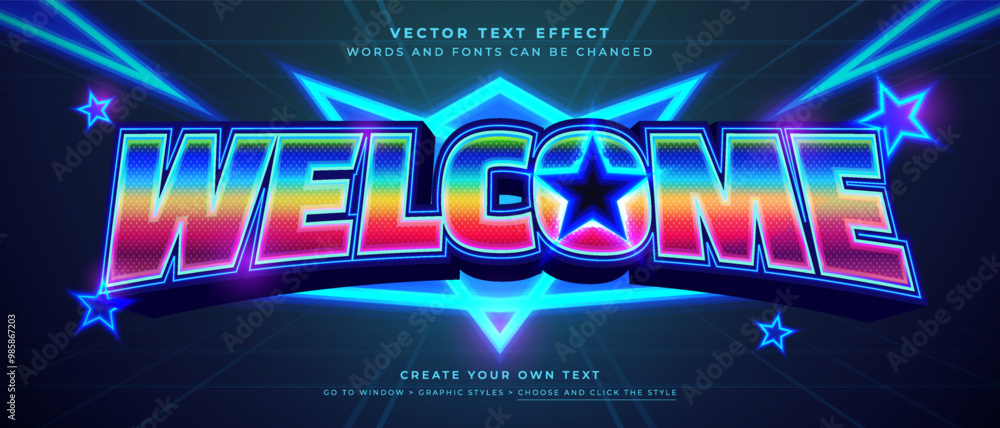 Poster glowing retro welcome text effect on abstract background, 3d retro vibes vector graphic style