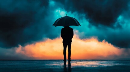 A person battling dark clouds with an umbrella labeled 'awareness', representing dealing with negative thoughts