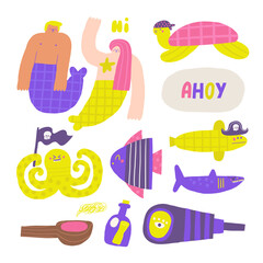 Cute pirate theme composition, objects set with funny hand drawn doodle squid, shark, mermaids, turtle, fish, spyglass, smoking pipe, bottle, animals. Marine, nautical Caribbean bandit print, cover