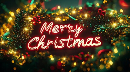 A glowing Merry Christmas sign in red and green lights, framed by golden tinsel and holly leaves.