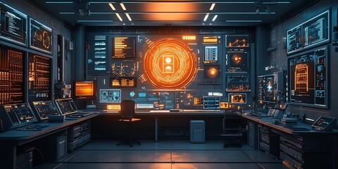 Futuristic control room interior with monitors displaying data, graphs, and codes.