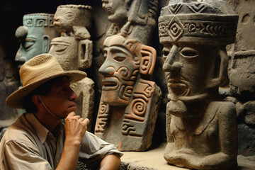 Archaeologist Examining Mesoamerican Artifacts in Museum and Historical Site