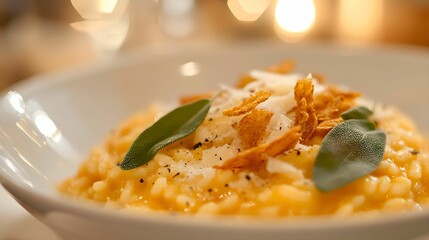 risotto, dynia, szałwia, kremowe, elegancja, ser, parmezan, trufla, oliwa, delikatność, fine dining, jesień, ciepłe, talerz, danie, restauracja, luksus, świeżość, garnir, zioła, tekstura, dekoracja, 
