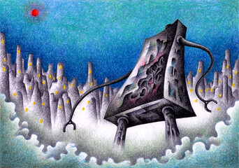 SFイラスト・手描き・色鉛筆画 - ロボット・起動・都市・旧型マシン・月夜 © T-KONI