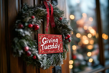 A holiday wreath with a small "Giving Tuesday" card attached, hanging on a wooden door