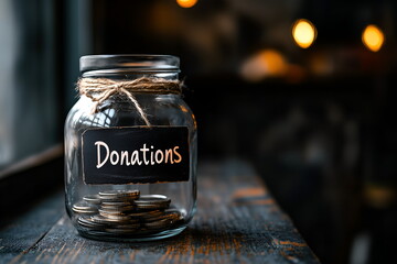 A jar labeled "Donations" placed on a rustic counter, keywords: community, donations, charity