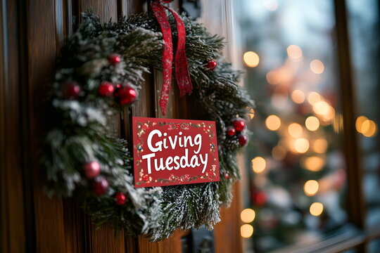 A holiday wreath with a small "Giving Tuesday" card attached, hanging on a wooden door