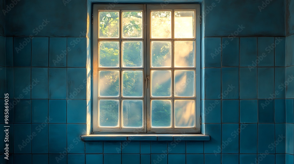 Poster sunlight streaming through a window in a tiled room.