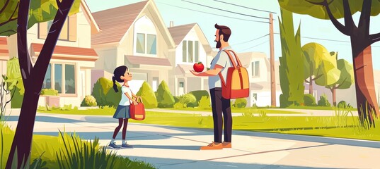 A father stands in the middle of his driveway, holding out an apple to his daughter as she walks towards him . The background is a suburban neighborhood with trees and houses in a flat cartoon style. 
