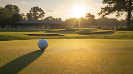 Golf Ball on a Green with a Sunset Background