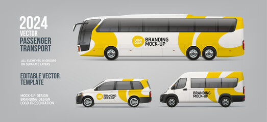 Side view Coach Bus, passenger Van and corporate Car mockup with abstract yellow branding design. Business passenger transport with abstract brand identity. Brandind bus. Editable vector template © VRTX