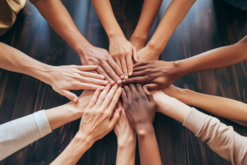 Diverse Hands United in Circle: Symbol of Teamwork, Trust, and Collaboration