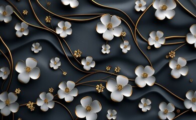 3d render of gold lines and flowers on dark grey background seamless pattern, simple, vector illustration, flat design, high resolution photography --ar 128:79 --style raw --stylize 250 Job ID: eedf60