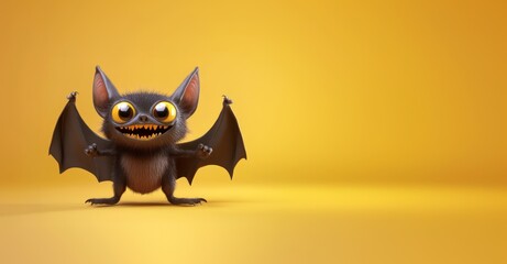 3D render of a cute bat character on a yellow background AI generated