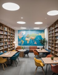 A contemporary library room bathed in soft lighting with a colorful world map mural, surrounded by bookshelves and furnished with stylish chairs and tables.